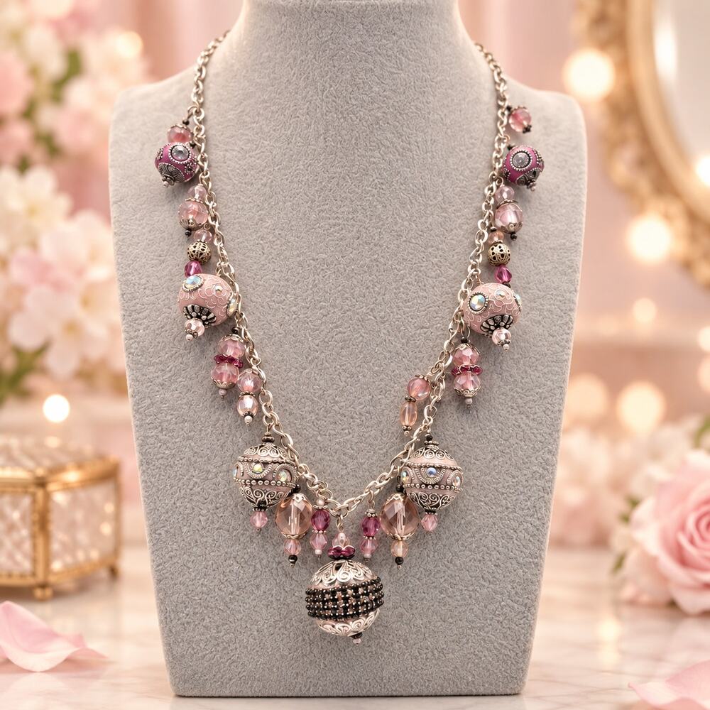 Hollis McCartney Pink Glass Boho Necklace Silver Tone Romantic Statement Artsy